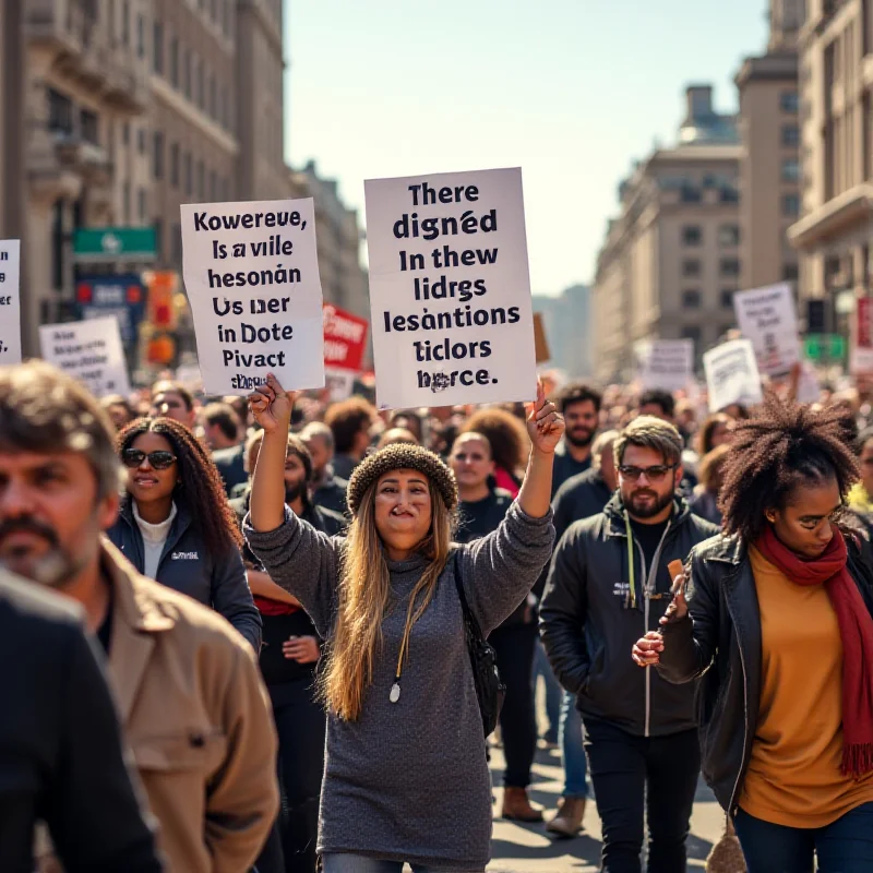 People protesting in the street holding signs about fair wages and dignified living conditions.