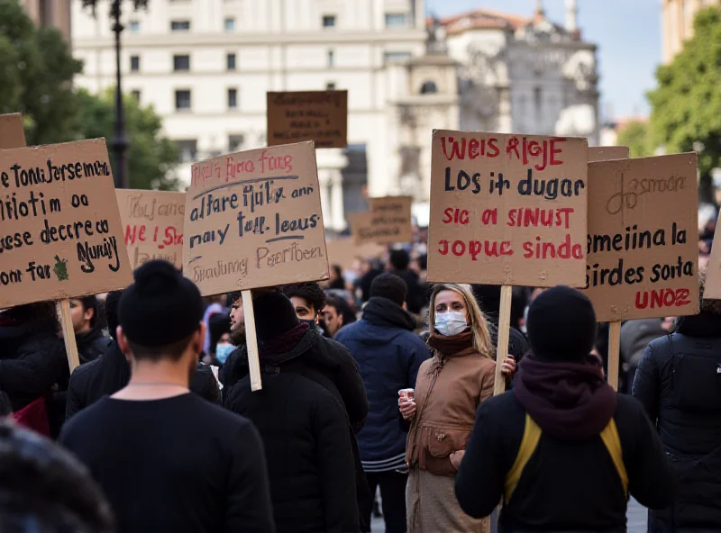 Protestors holding signs and banners in a Spanish city, demanding justice in a sexual assault case. The signs are in Spanish and depict anger and frustration.