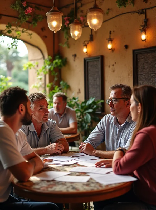 A group of British expats gathered in a Spanish cafe, looking worried and discussing tax documents. The cafe has a traditional Spanish decor.