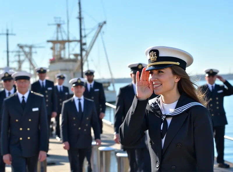 Princess Leonor of Spain in her navy uniform, saluting smartly as she boards the Juan Sebastián de Elcano training vessel in Montevideo, Uruguay. The ship is in the background, and there are naval officers nearby.