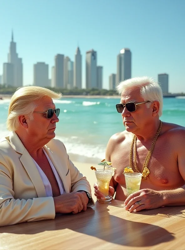 AI generated image of Donald Trump and Benjamin Netanyahu sitting at a table on a beach in Gaza, sipping cocktails. Skyscrapers are in the background.