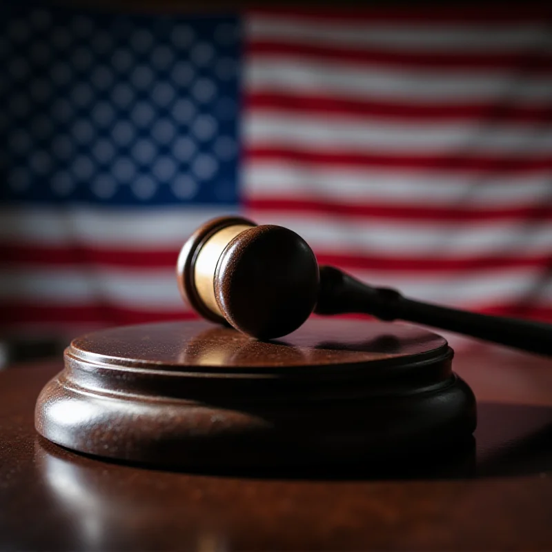 A gavel resting on a United States flag in a courtroom setting.