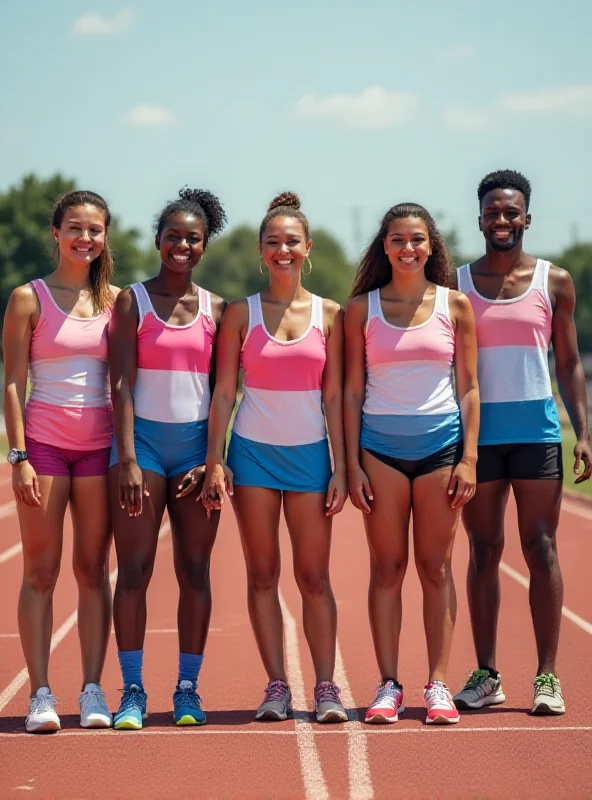 A diverse group of athletes standing together on a track, ready for a race. Some are wearing transgender pride flags.