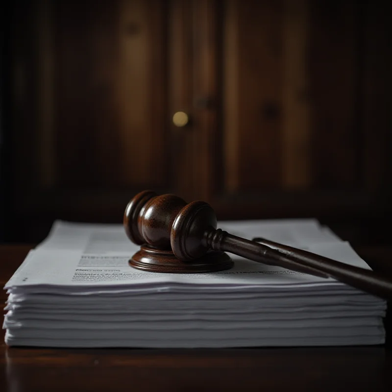 A gavel resting on a stack of legal documents in a courtroom setting, symbolizing political investigations and legal proceedings.