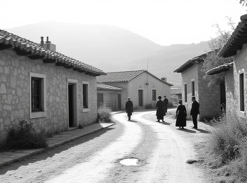 A black and white photograph from Kurt Hielscher's 'La España desconocida', showing a rural Spanish landscape with traditional buildings and people.