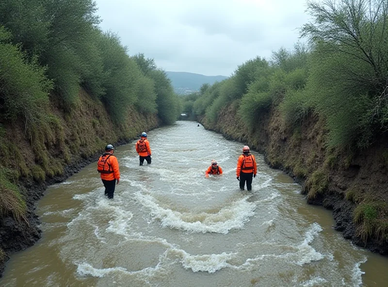 Search and rescue operation in a flooded ravine in Spain, focusing on the search for a missing man