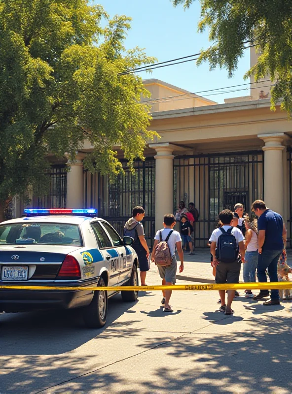 Spanish police car parked outside a school with children being evacuated in the background