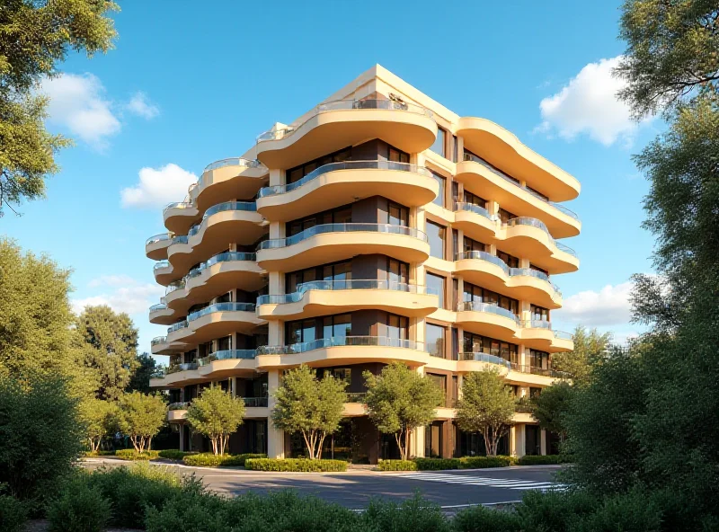 A modern apartment building in Spain, bathed in sunlight.