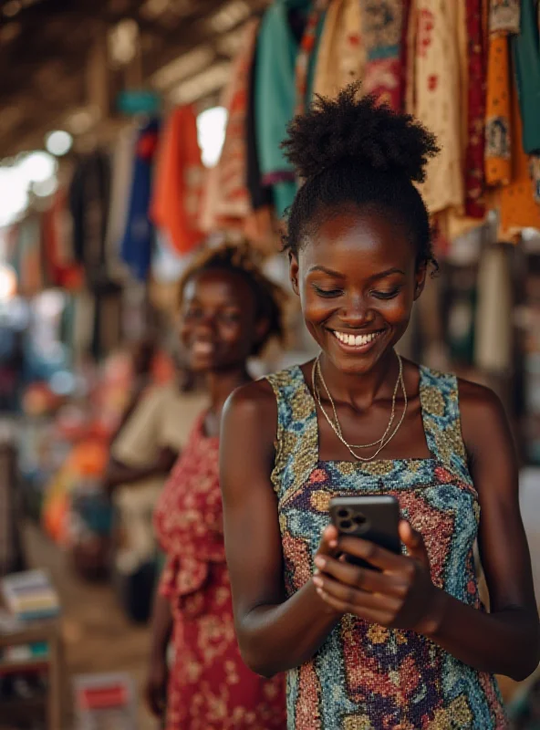 A person using a mobile phone to make a payment in a bustling African marketplace.