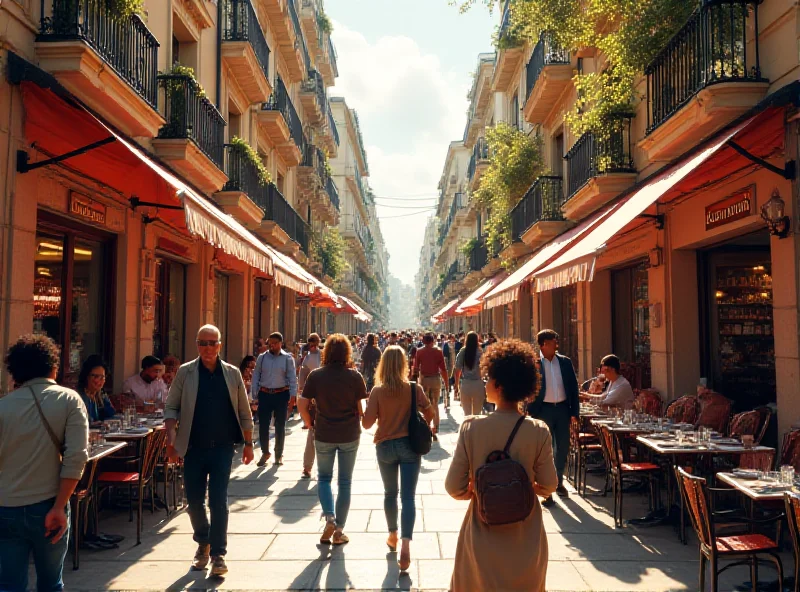 A bustling street scene in Madrid, Spain, filled with diverse people and vibrant businesses, symbolizing the positive impact of immigration on the city's economy.