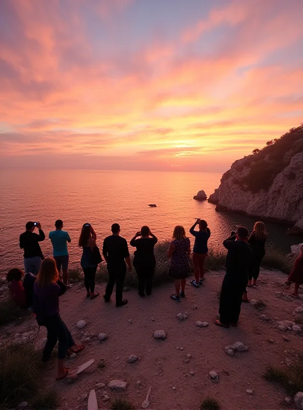 A scenic view of the Ibiza coastline at sunset with a group of tourists taking pictures.