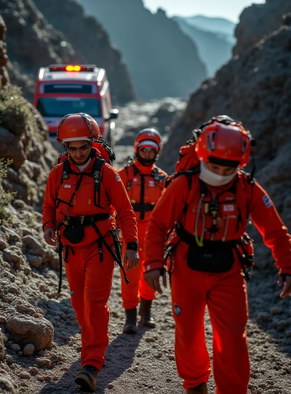 A search and rescue team working in a rugged ravine landscape on Gran Canaria, with emergency vehicles visible in the distance.