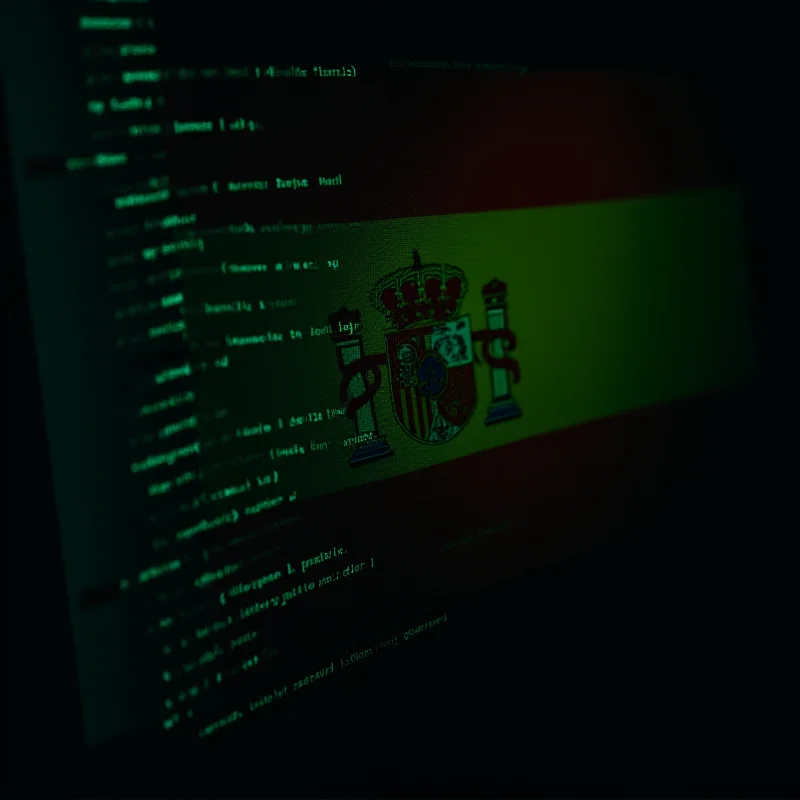 A digital illustration of a computer screen displaying hacking code with the Spanish flag subtly overlaid in the background.