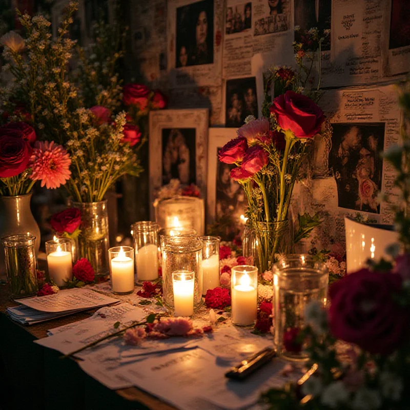 A somber image depicting a memorial for Heidi Paz, with flowers and candles.