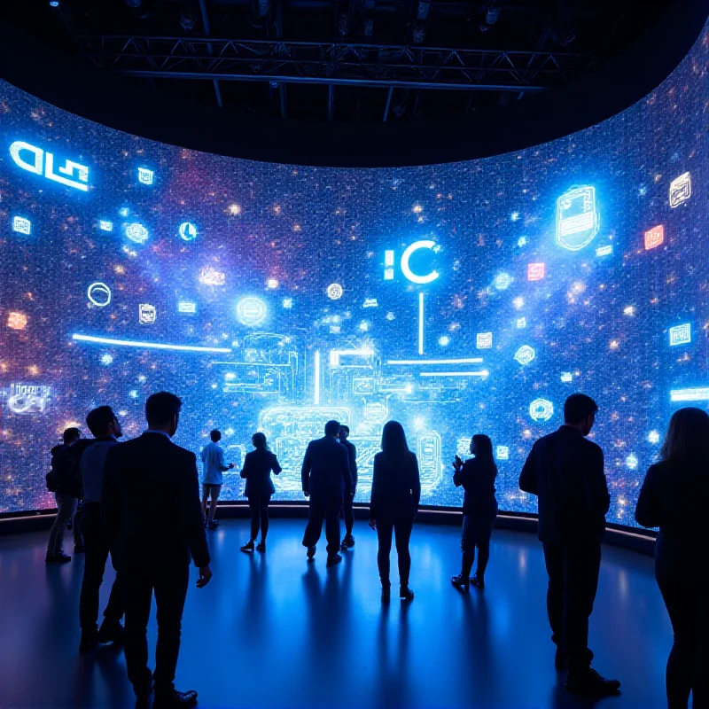 A futuristic display at MWC Barcelona, showcasing Huawei's AI and 5G technology, with holographic projections and interactive screens.