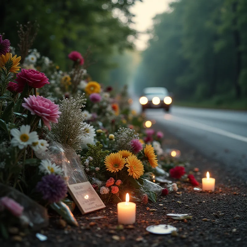 A solemn scene depicting a roadside memorial with flowers, paying tribute to those lost in traffic accidents.