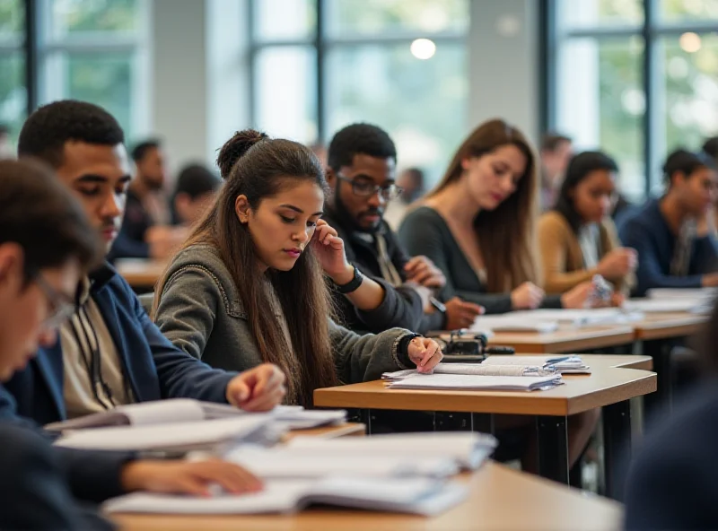 Students taking an exam in a university classroom in Spain.