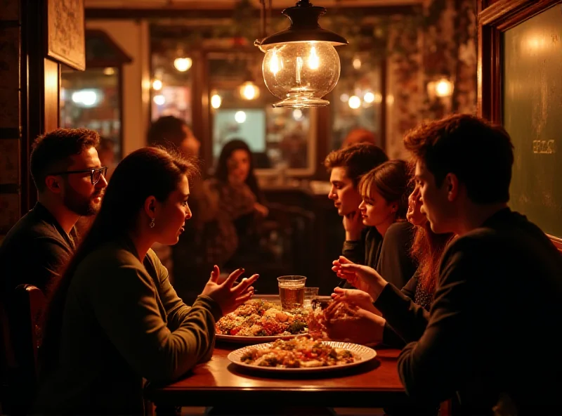 A group of people talking animatedly at a tapas bar in Spain, gesturing with their hands.