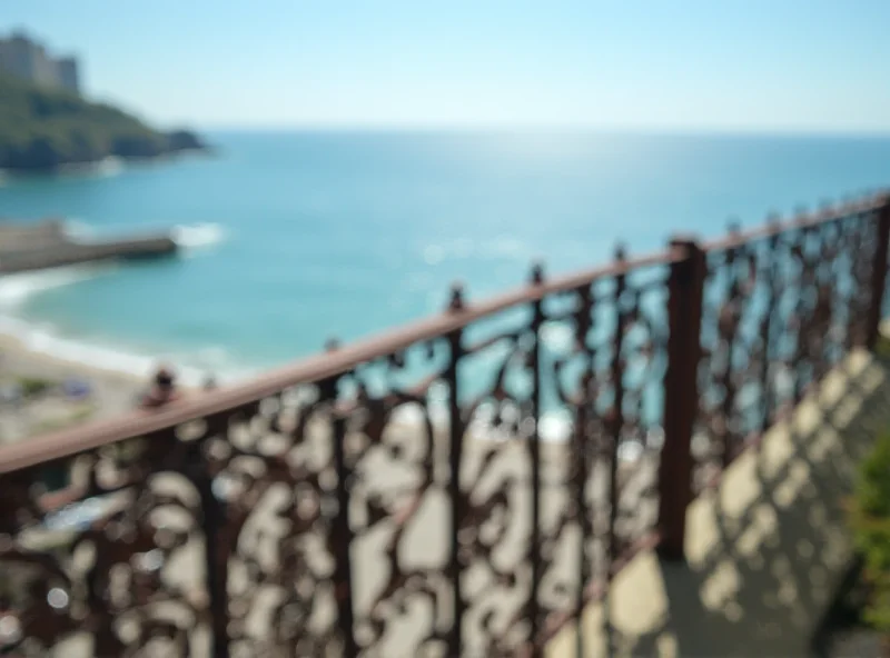 Close up of the La Concha railing in San Sebastian, Spain, with the beach and ocean in the background.