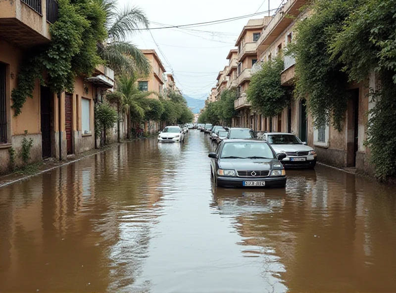 Flooded street in Cehegín, Murcia, Spain, with cars partially submerged in water.