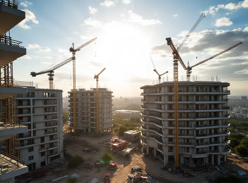 Construction site with multiple cranes and apartment buildings under construction in Spain