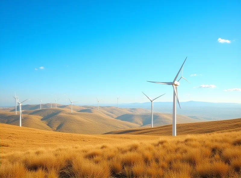 Wind turbines generating electricity in a rural Spanish landscape, under a blue sky