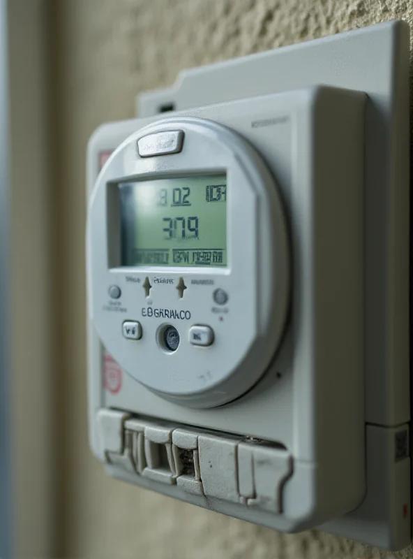 A close-up of a Spanish electricity meter showing energy consumption, with blurry background.