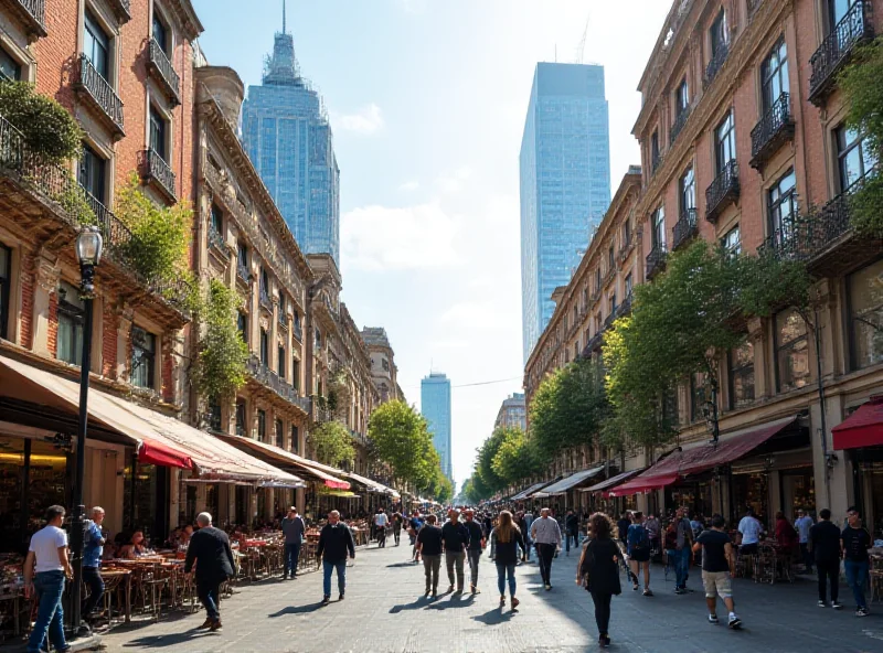 A bustling Spanish city with modern office buildings and vibrant street life.