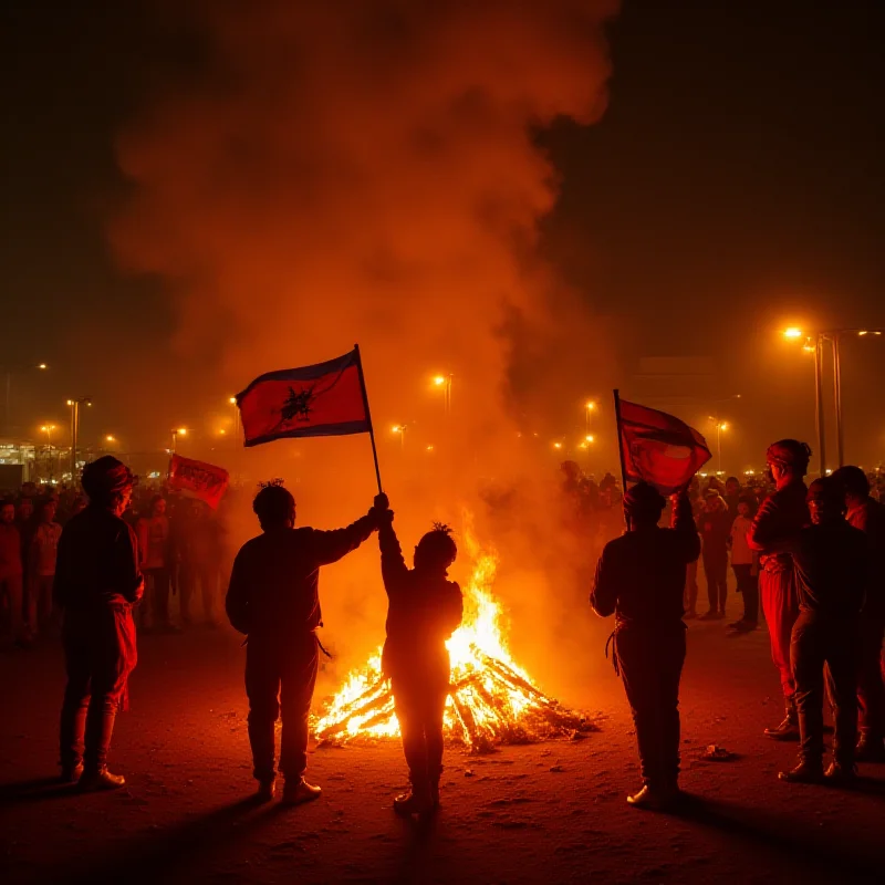 Image of burning flags of Spain and Israel during a carnival.