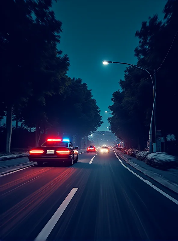 A stylized illustration of a high-speed car chase at night in the Entrevías neighborhood of Madrid, with a police car pursuing a speeding vehicle, symbolizing the dramatic pursuit reported in the news.