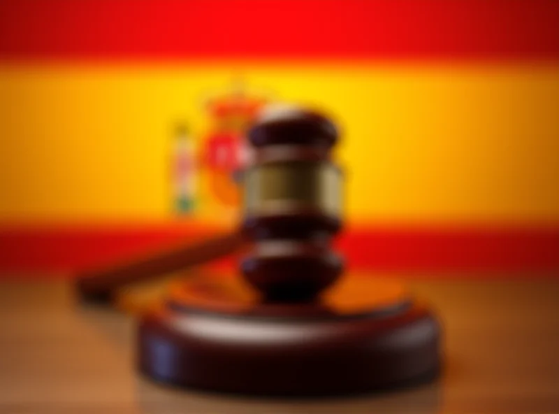 A gavel striking a sound block with the Spanish flag subtly in the background, symbolizing the rule of law and the political landscape in Spain.