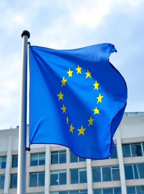 European Union flag waving in front of the European Commission building in Brussels.