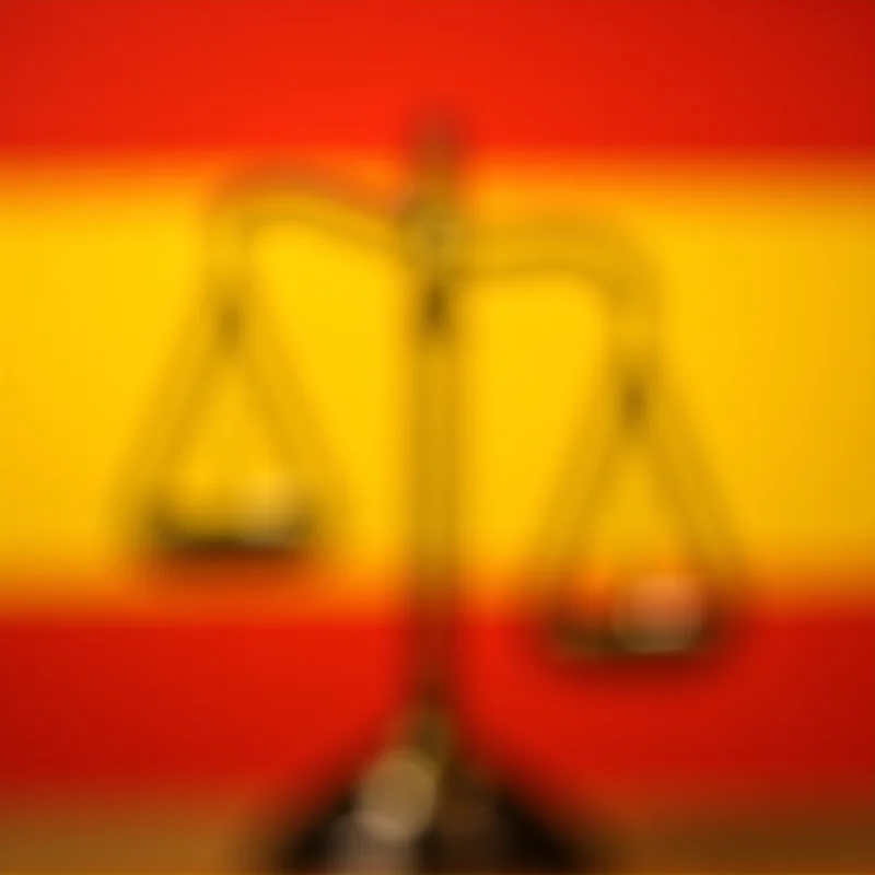 Illustration of scales of justice against a backdrop of the Spanish flag.