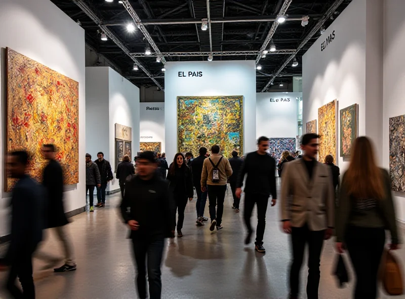 A wide shot of the Arco art fair, showing various booths and visitors admiring artwork. The EL PAÍS booth is visible in the distance.