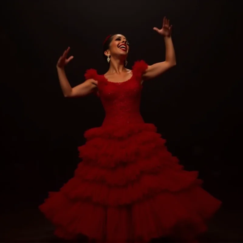 A flamenco dancer in a vibrant red dress performing on stage, with dramatic lighting and passionate expression.