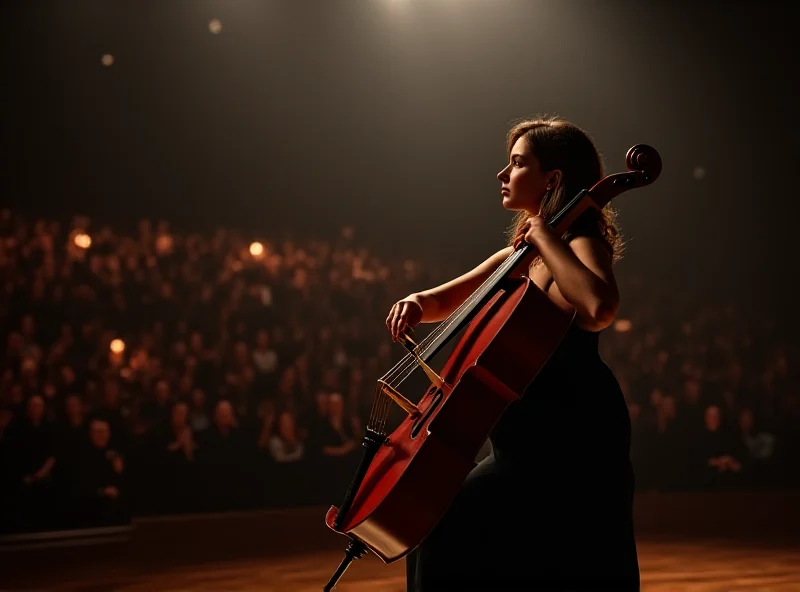 Andrea Casarrubios playing cello on stage during a concert.