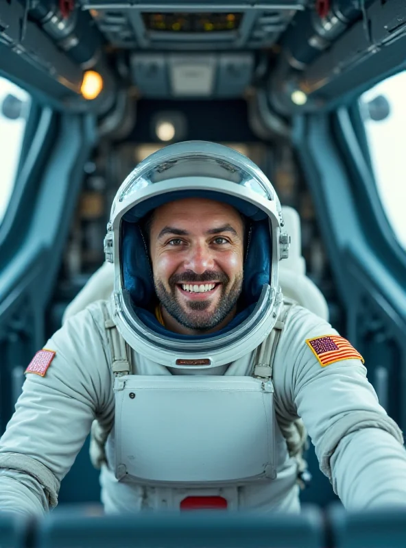 Jesús Calleja wearing a spacesuit and smiling inside a spacecraft.