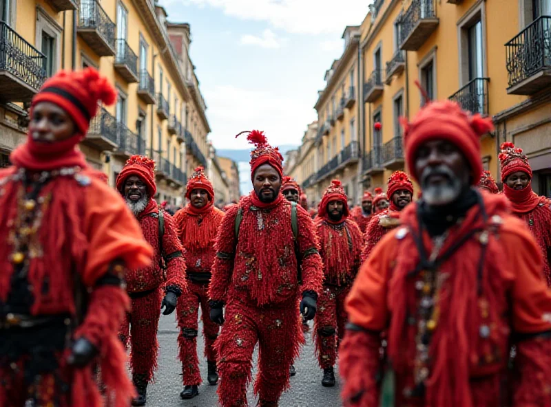 A colorful street parade in Verín with people in elaborate carnival costumes