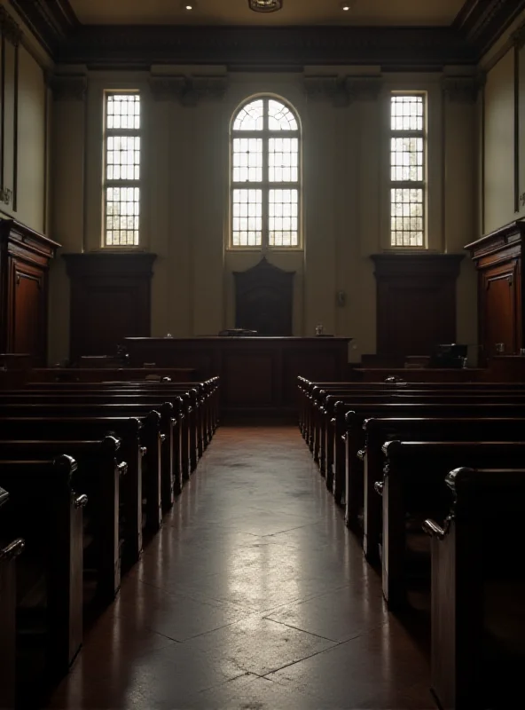 Interior of a courtroom with empty chairs and natural light.