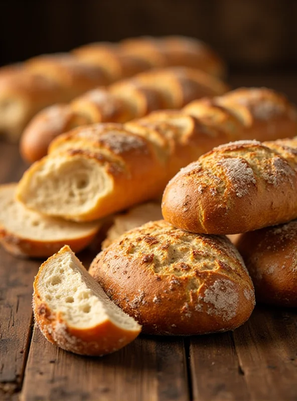 Close-up shot of various types of bread including sliced bread, baguettes, and gluten-free options, arranged on a rustic wooden table.