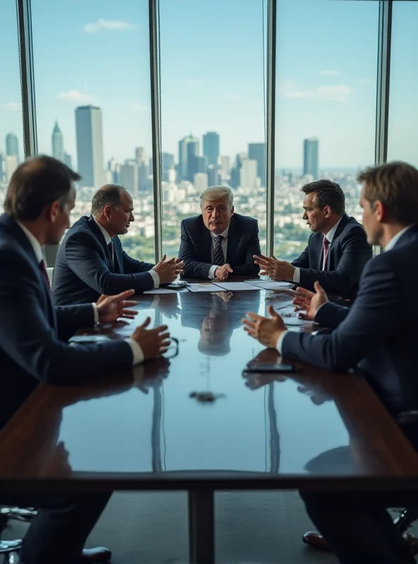 Business leaders in a tense meeting, expressing concerns