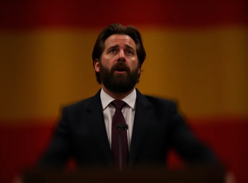 Santiago Abascal giving a speech at a podium with a Spanish flag in the background.