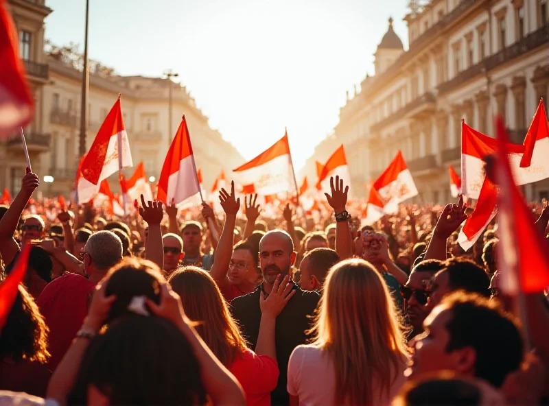 Crowd of people waving Andalusian flags at a political rally.