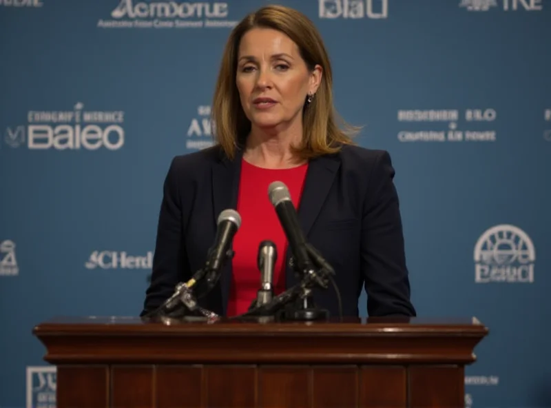 Diana Morant speaking at a press conference with a microphone and official backdrop.