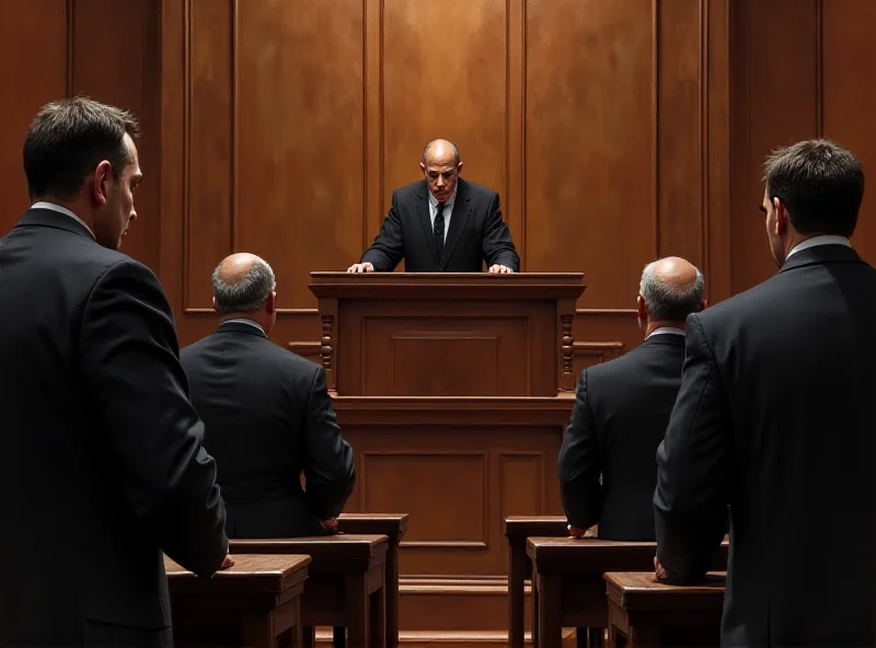 A courtroom scene with lawyers and defendants, tense atmosphere.