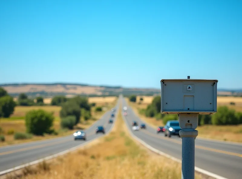 A speed radar on the side of a road in a rural area, cars passing by.