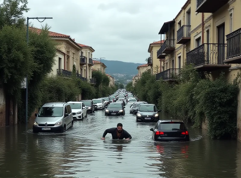 A flooded street in a Spanish town after a heavy rainstorm, with cars submerged and people wading through the water.