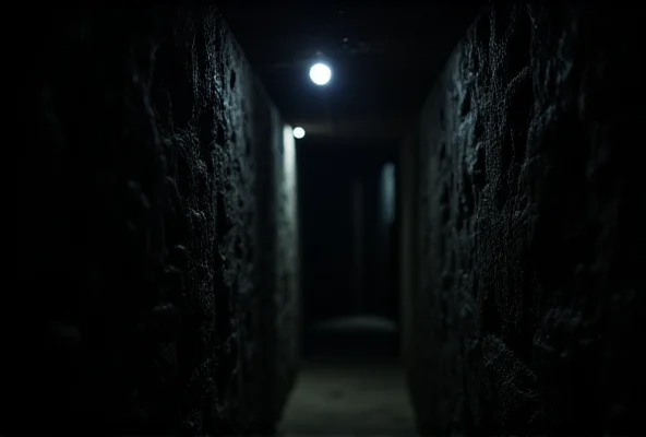 A dark, narrow tunnel illuminated by a single light source, with rough-hewn walls and visible signs of construction.