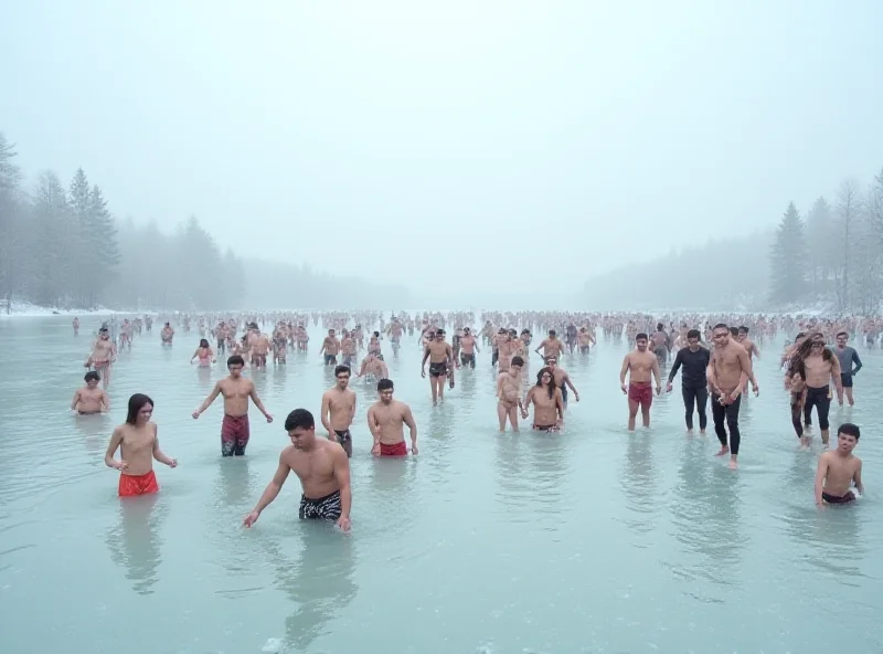 Large group of people in swimwear standing near a frozen lake.