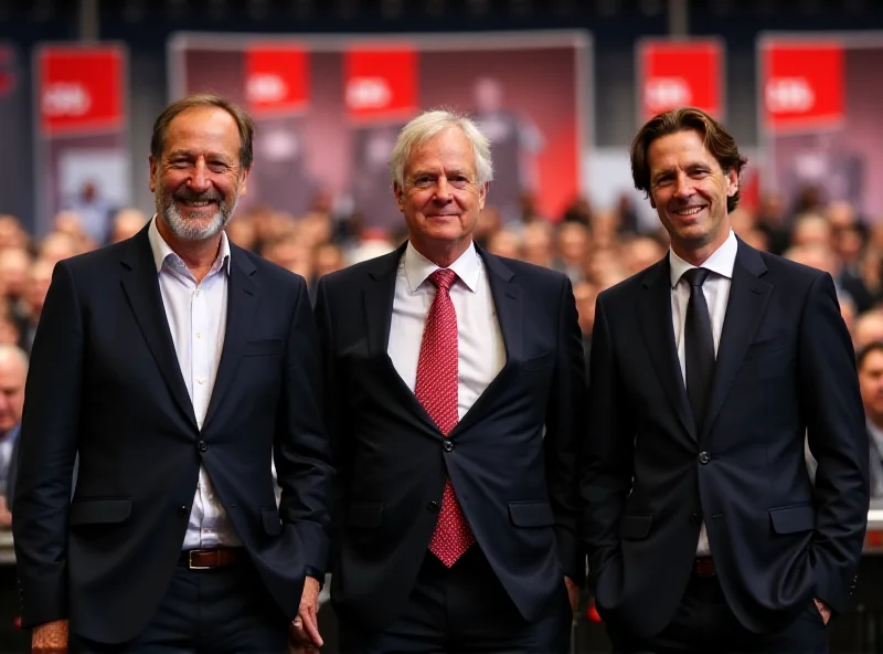 A group photo of Olaf Scholz, Lars Klingbeil, and Saskia Esken standing together.